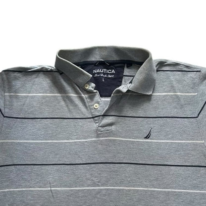 Large Nautica Grey with White and Navy Stripes Polo Shirt