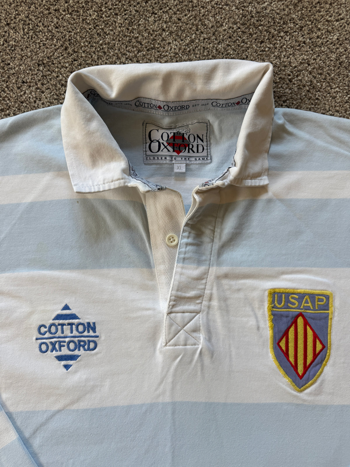 Extra large Cotton Oxford White and Blue USAP Perpignan Rugby Shirt - marked