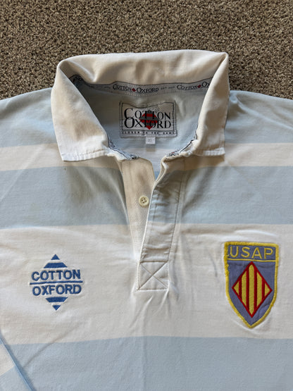 Extra large Cotton Oxford White and Blue USAP Perpignan Rugby Shirt - marked