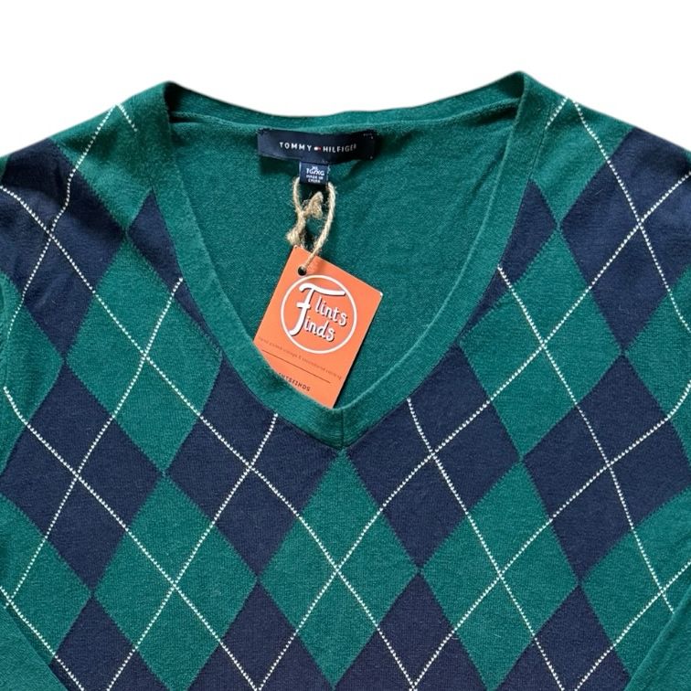 Woman's Extra large Tommy Hilfiger Green Argyle V-Neck Jumper
