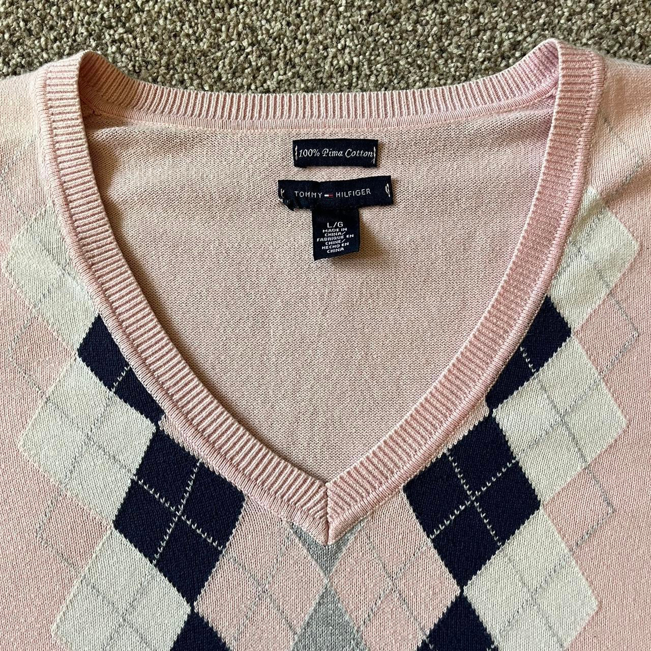 Woman's Large Tommy Hilfiger Pink V-Neck Argyle Jumper