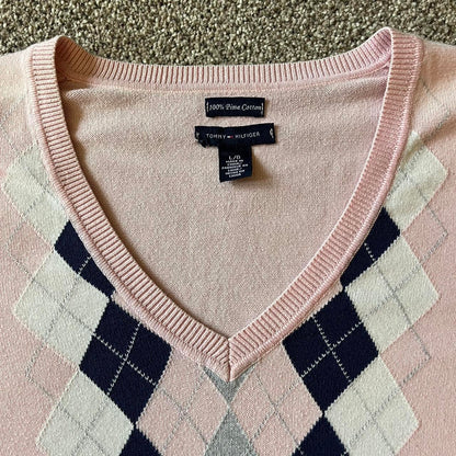 Woman's Large Tommy Hilfiger Pink V-Neck Argyle Jumper