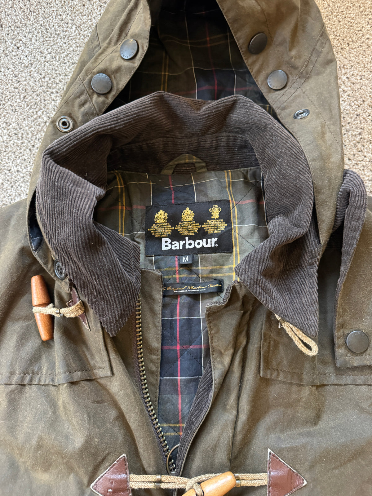 Medium Barbour Olive Green A651 Classic Duffle Waxed Jacket