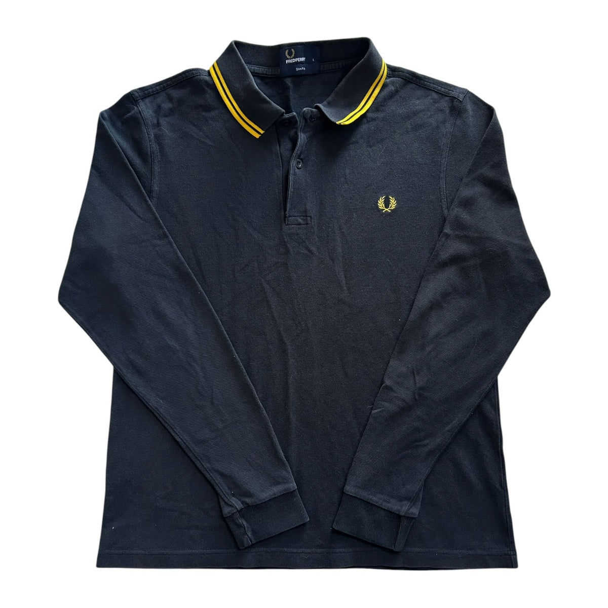 Large Fred Perry Black and Yellow Long Sleeved Polo Shirt