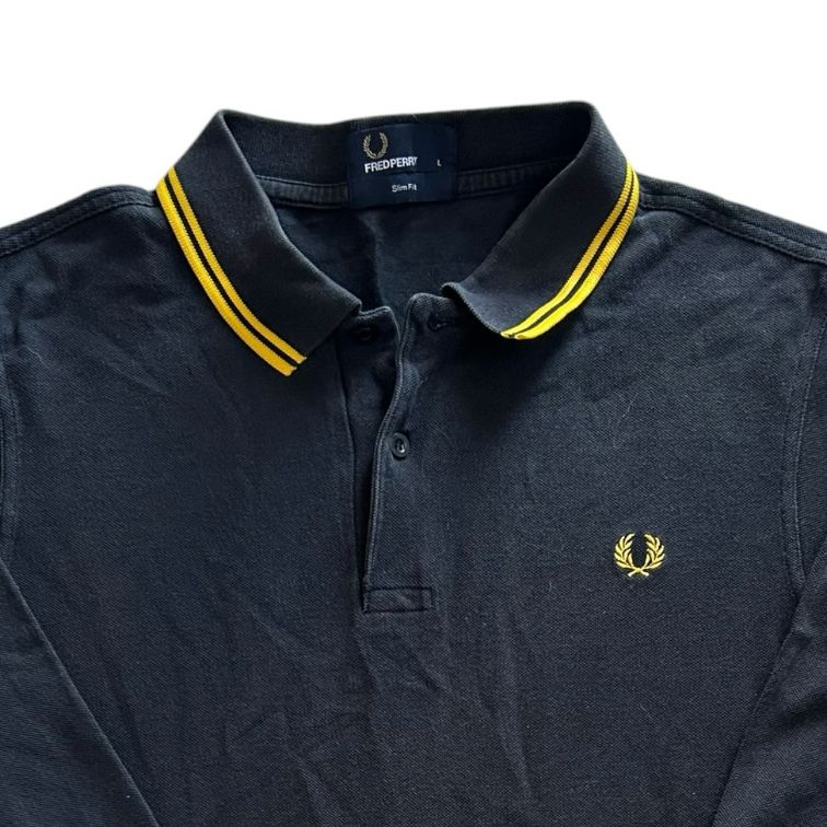Large Fred Perry Black and Yellow Long Sleeved Polo Shirt